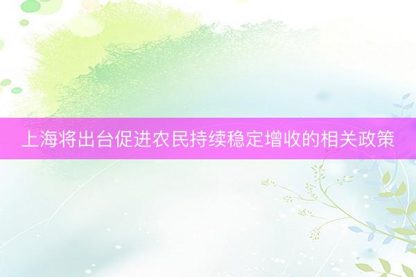 上海将出台促进农民持续稳定增收的相关政策
